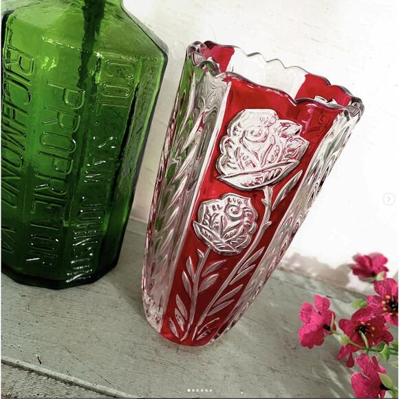 Vintage German Rosaline Ruby Red Hand Cut Lead Crystal Glass Vase Christmas - Picture 1 of 6